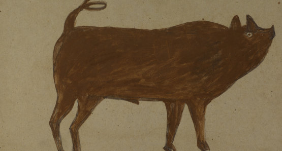 Untitled (Pig with Corkscrew Tail) by Bill Traylor from the collection of the Smithsonian American Art Museum, Gift of Chuck and Jan Rosenak @1994 Bill Traylor Family Trust